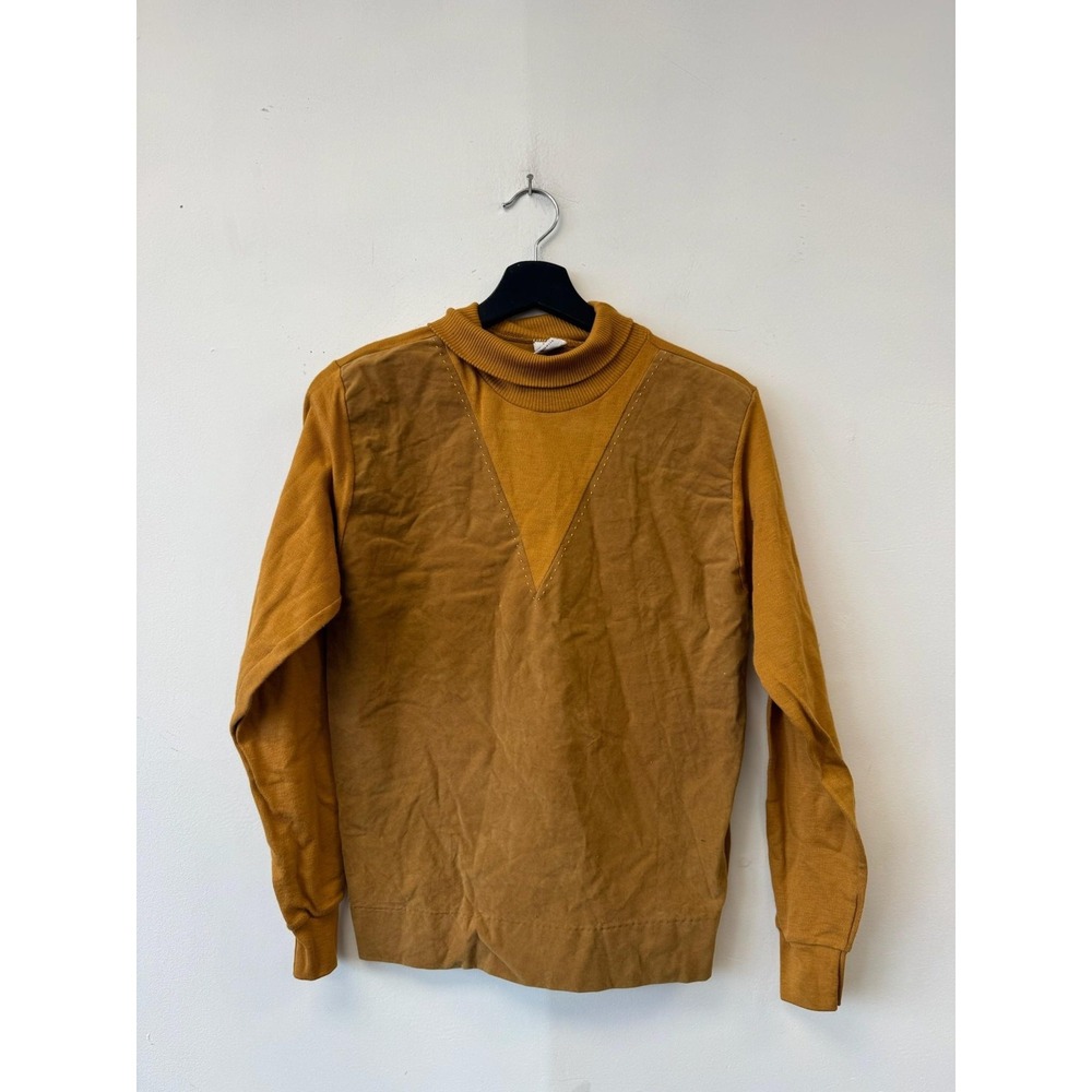 Vintage Grant Crest Sweater Mens XS Yellow Mock Neck Faux Suede‎ Front 60s